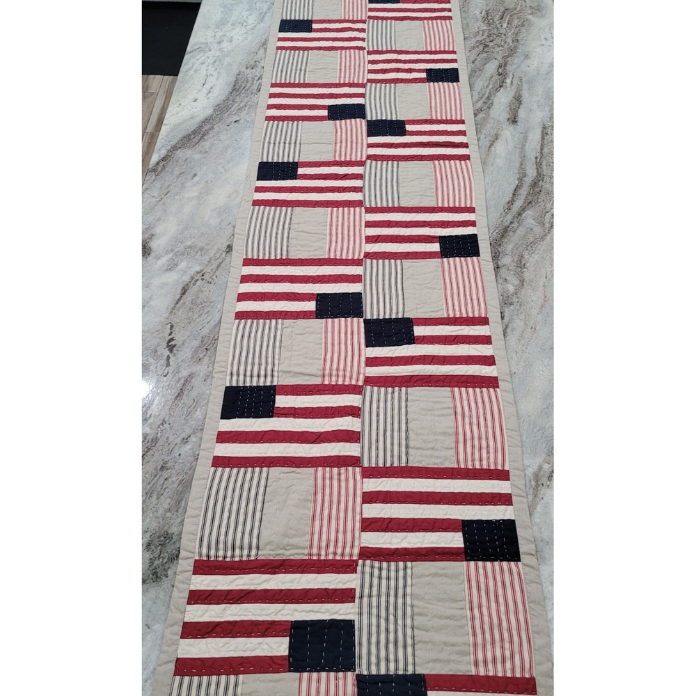 Pottery Barn Patchwork Flag Quilted Americana Reversible Table Runner 19x97 RARE